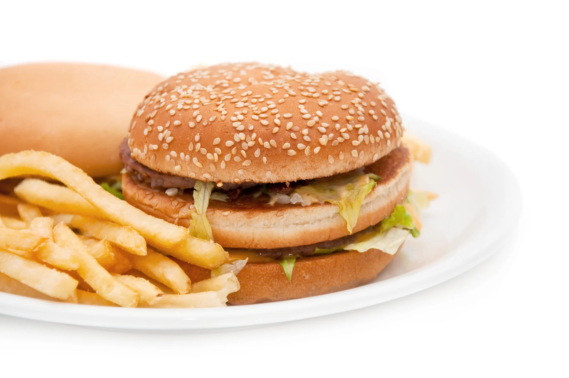 A tasty hamburger, cheeseburger and french fries