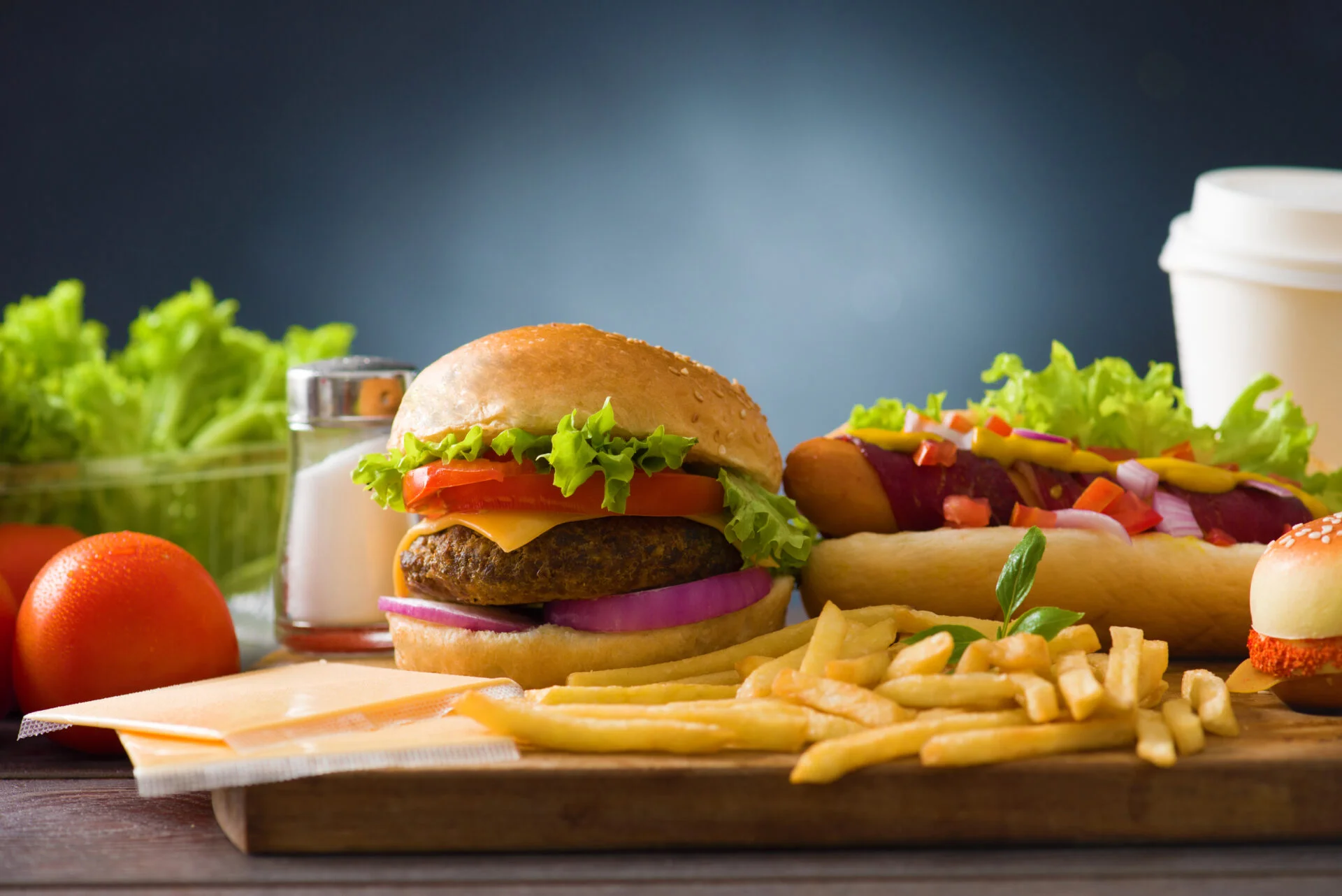 fast food hamburger, hot dog menu with burger, french fries, tomato ,cola and many more