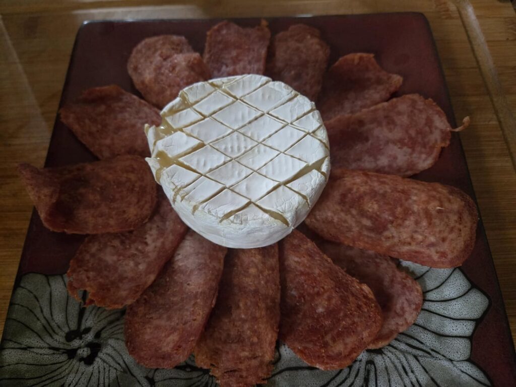 Deep fried spam chips and baked camembert