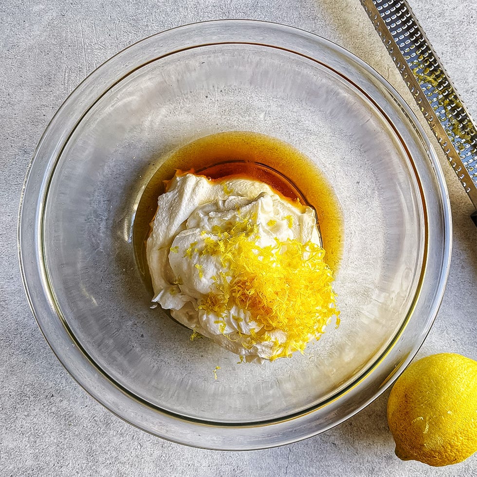 ricotta cheese, lemon zest, and maple syrup in a bowl