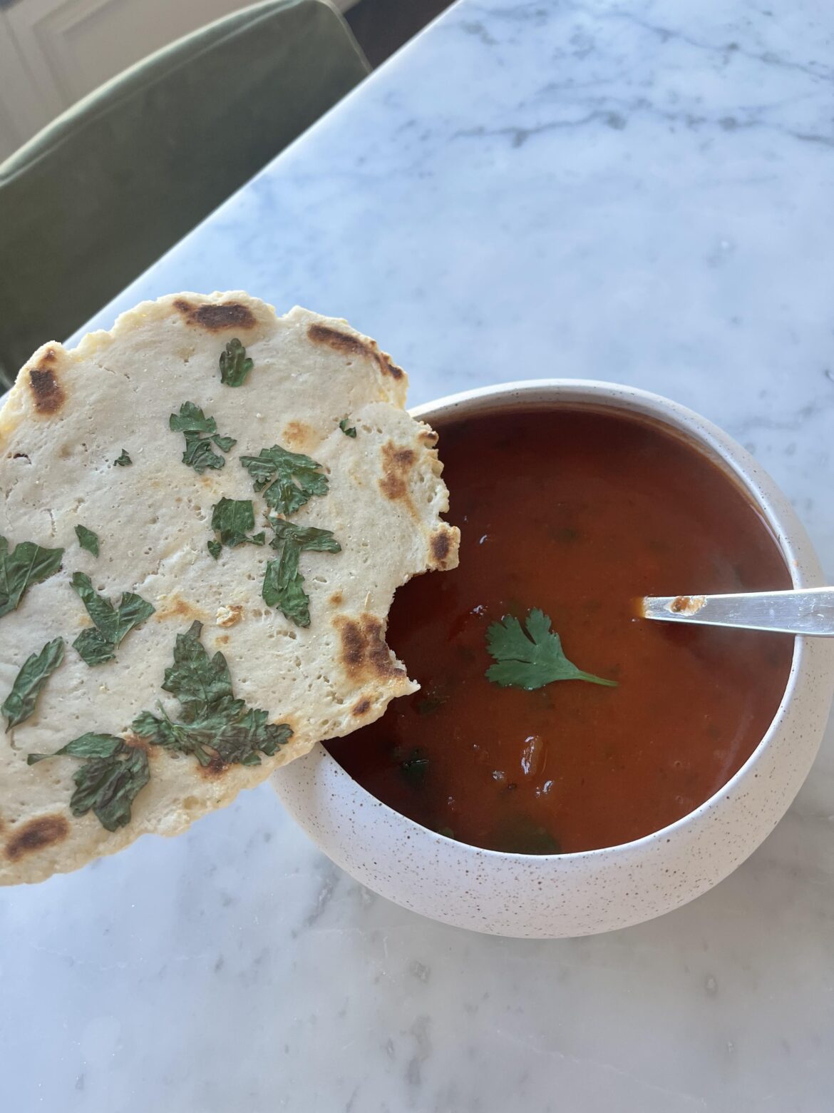 Tomato soup with garlic naan bread