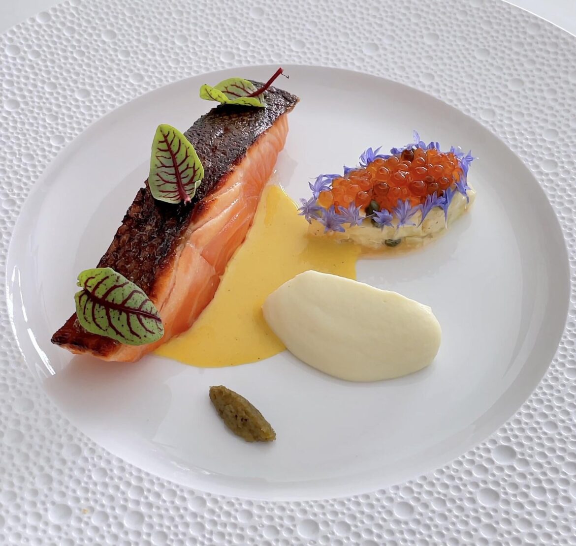 Crispy Skin Salmon, Cauliflower Purée, Apple Fennel Salad & Curry Sauce