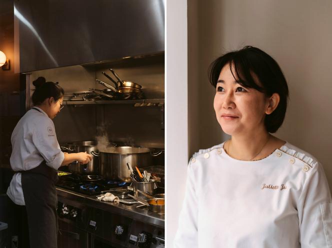 At the Octave restaurant, in Paris, on March 15, 2023. On the right: owner Juliette Ju.