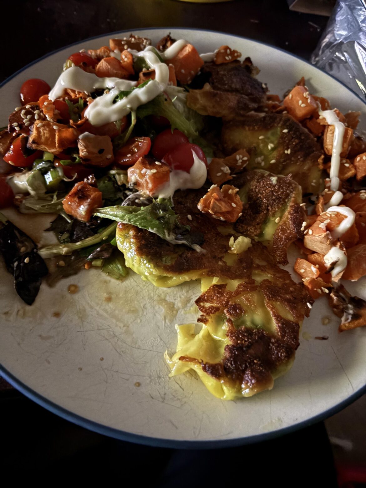 Prawn and Chive wonton and Japanese style salad