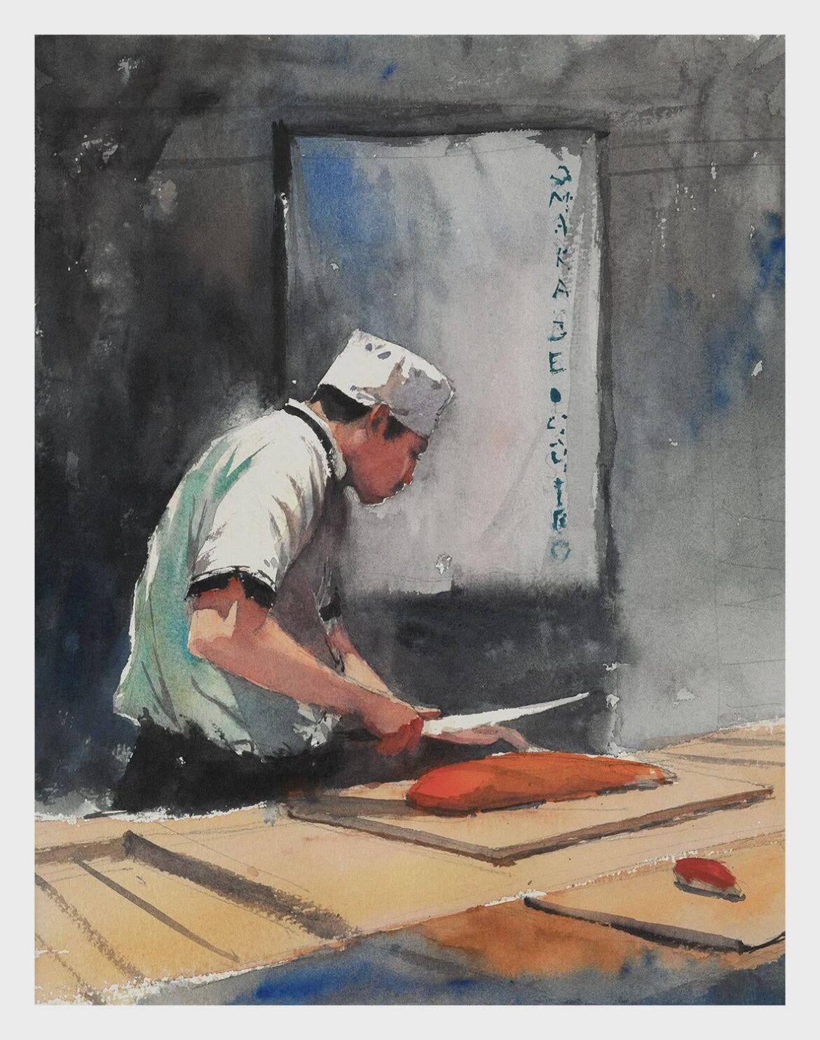 I had omakase recently and painted my chef in watercolor