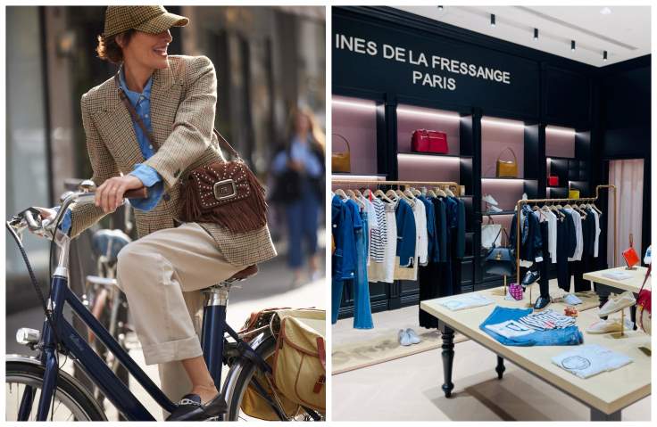 Left: Ines de la Fressange on her bike as she explores Paris. Right: The fashion icon's store in Paris' 7th arrondissement (© Rodolphe Bricard)