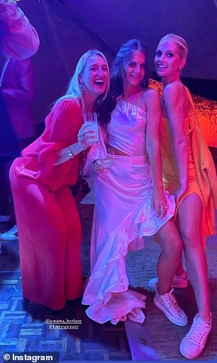 Both Princess Diana's niece Lady Kitty (pictured left in a yellow frock) - who recently wed her fashion tycoon Michael Lewis, 61, in a luxurious ceremony in Italy where she wore five dresses - and the bride swapped their elegant day outfits for more comfy party ensembles