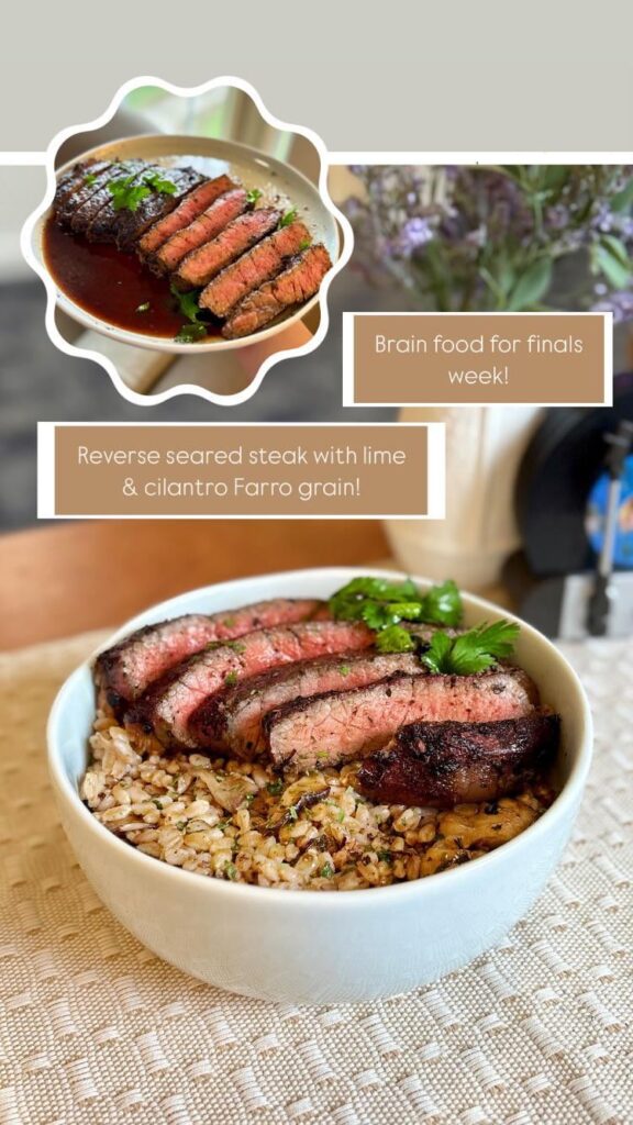 This week’s meal prep as a college athlete-  Reverse seared steak with lime cilantro farro grain (352 cal, 34 p)