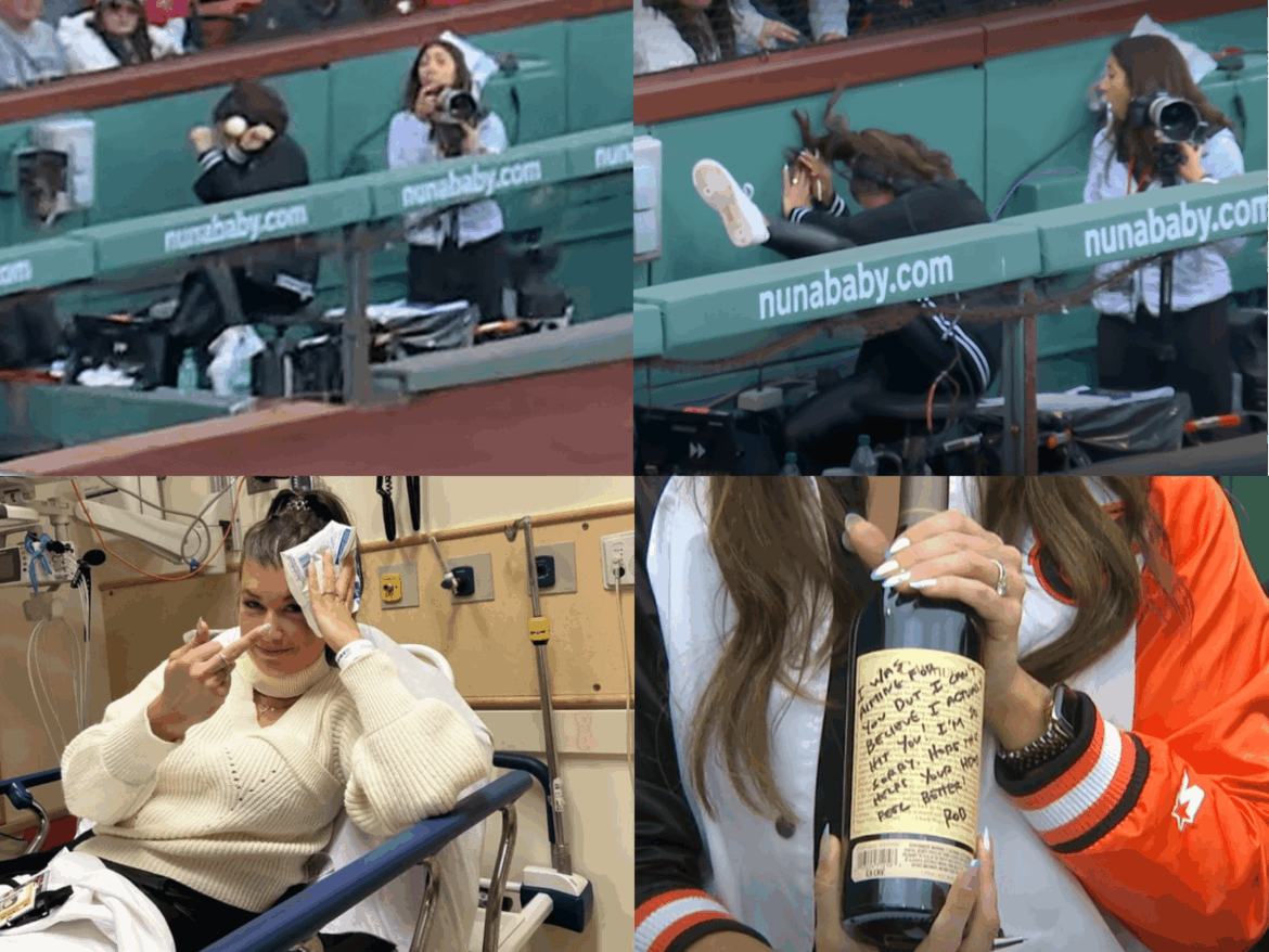 Yesterday, Orioles announcer Melanie Newman took a foul ball to the head in the camera well. Today, she received an inscribed bottle of wine from the Red Sox's Rob Refsnyder, who hit it. (OP comment: Zoom in to see the bottle.)