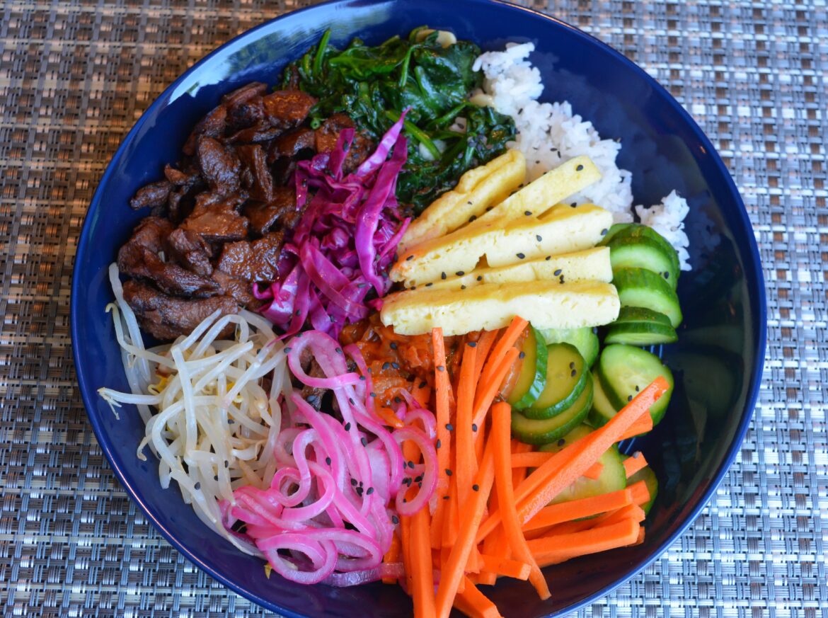Vegan bimbimbap bowl, light on the bap. 404 cal, 31 g protein