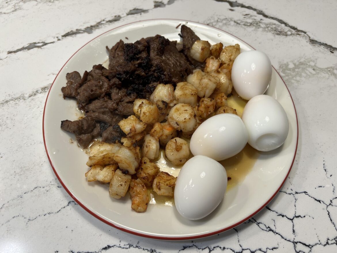 Weekend meal: Marinated London broil, Shrimp, bay scallops and Eggs
