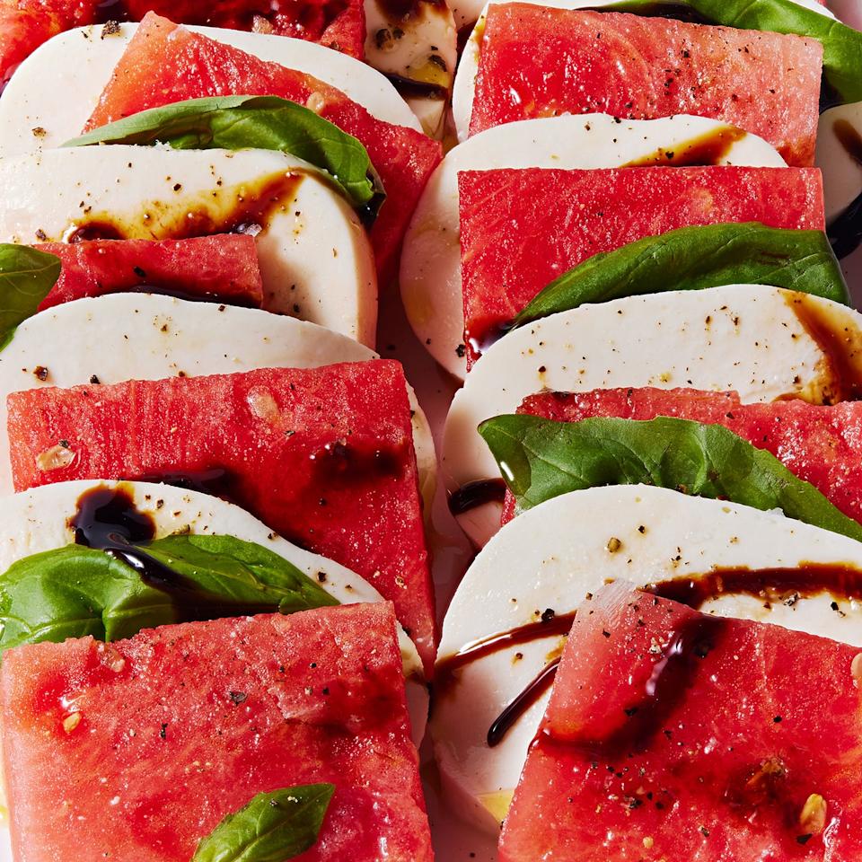 sliced watermelon, mozzarella, and basil drizzled with balsamic