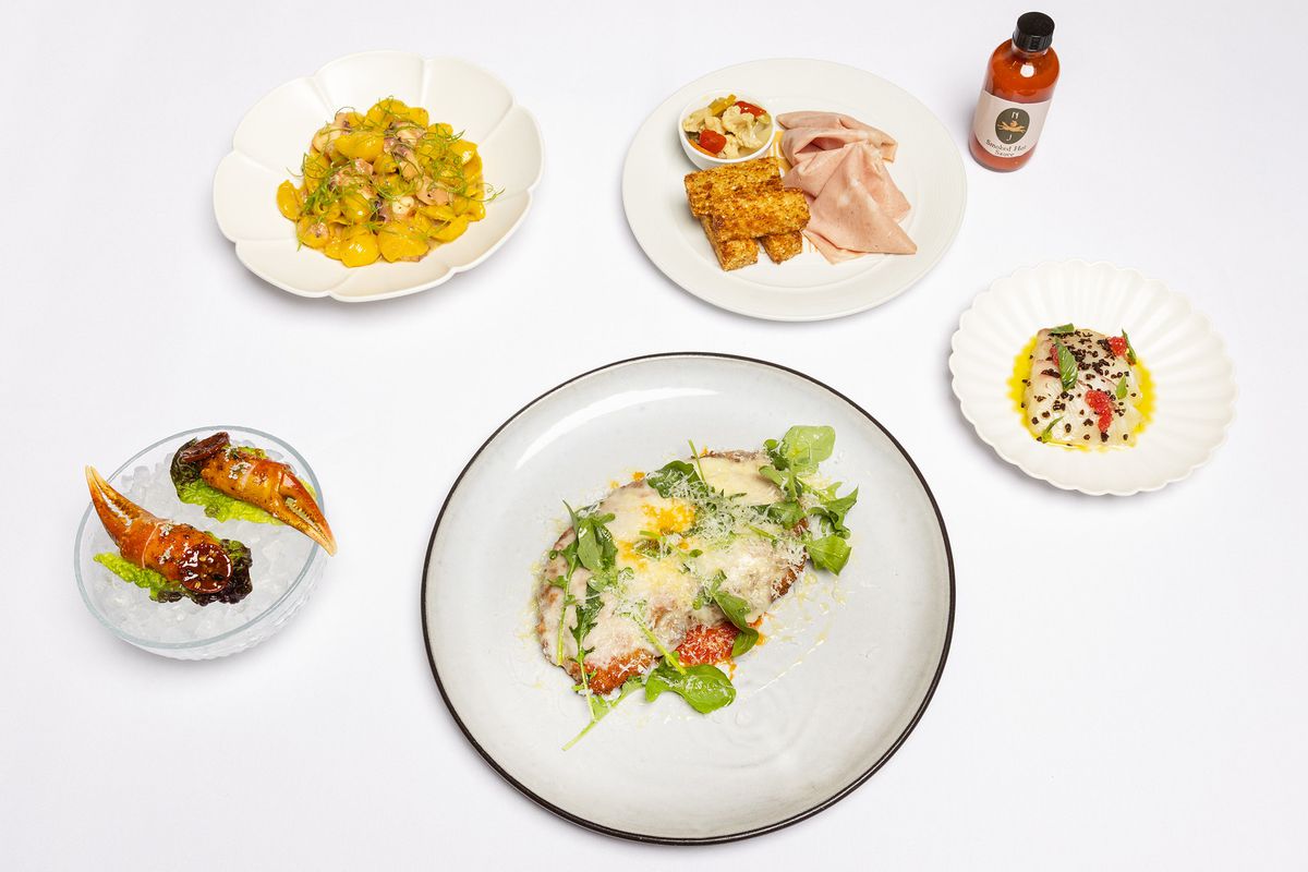 Five food items on dishes.