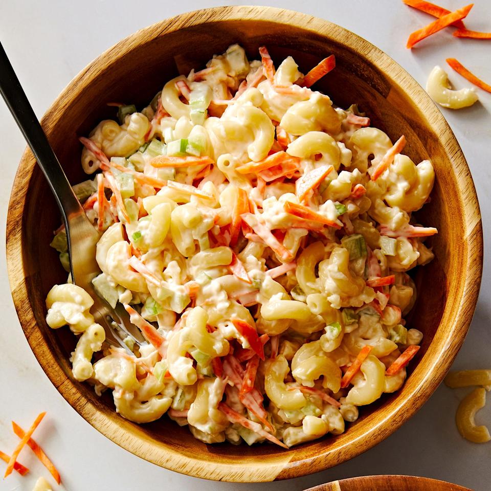 hawaiian macaroni salad with carrots, celery, and onion