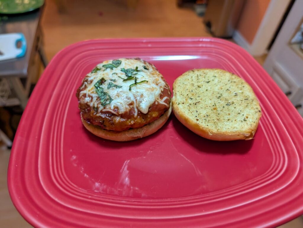 Chicken Parm burg on toasted garlic bun