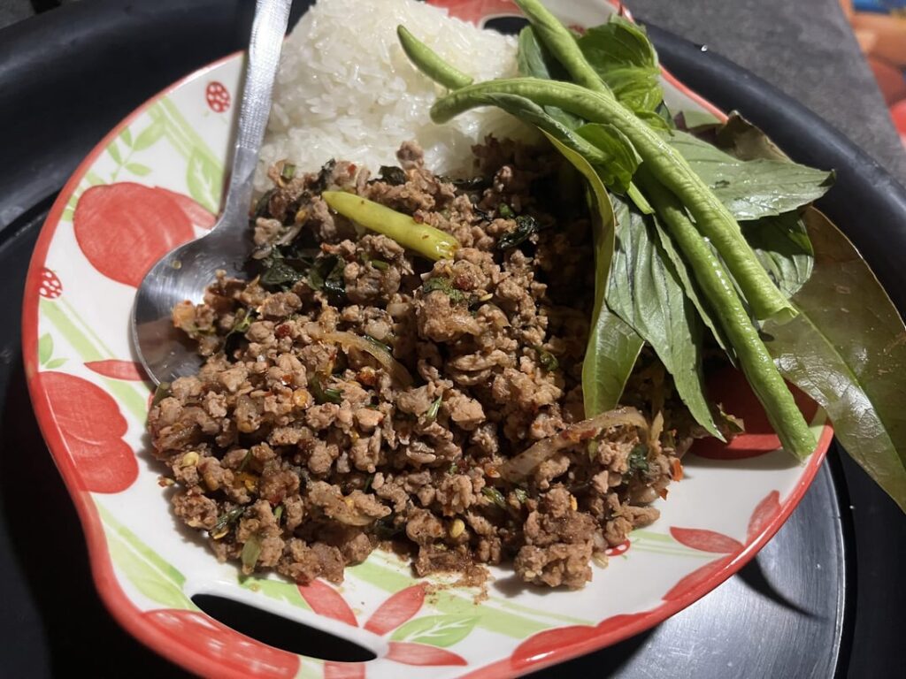 Laab moo and nam tok moo. Seriously spicy north eastern Thai food