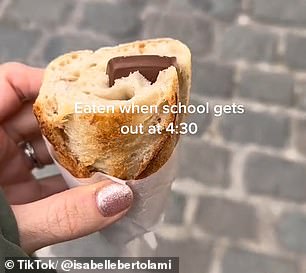 Her daughter has a goûte, which consists of salted butter and a few squares of chocolate in a fresh baguette