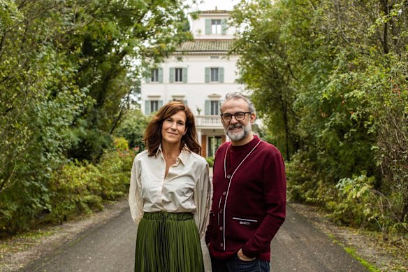 Lara and Massimo Bottura outside their boutique countryside hotel, Casa Maria Luigia in Modena.