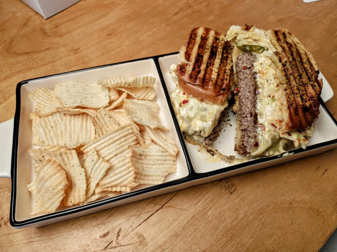 Patty melt I made at my office in the panini press