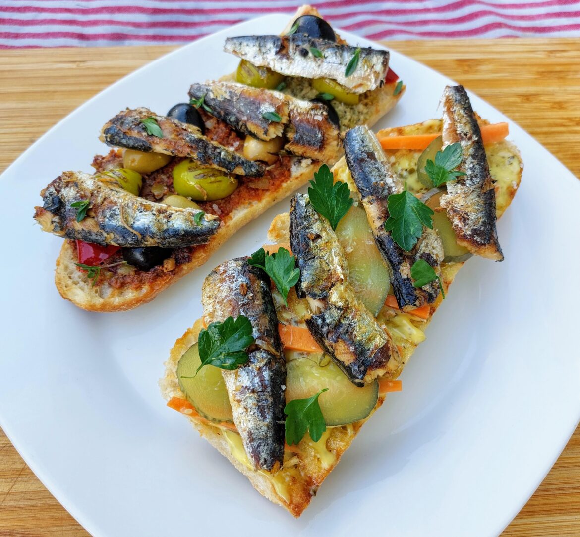 Sourdough baguette with canned sardines, two ways