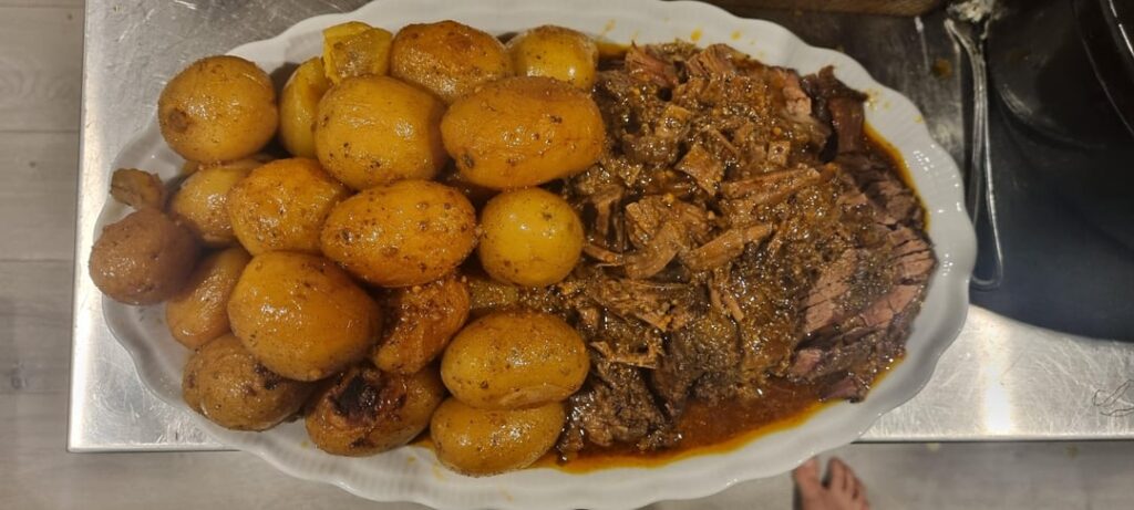 Three mustard ginger beer brisket with baby pots