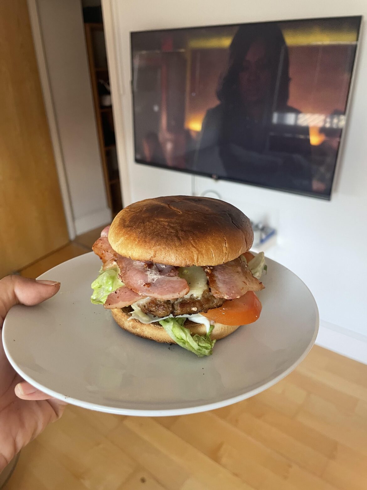 Cheeky bacon cheeseburger - lettuce, toms, diced onion, mustard and mayo