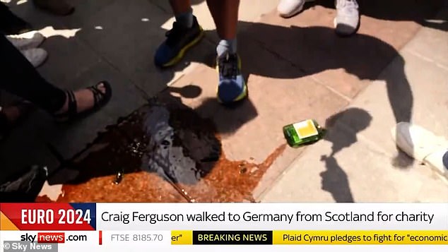The bottle smashed on the floor while Craig Ferguson spoke to Sky News in Munich yesterday
