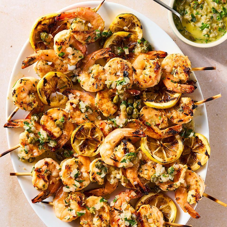juicy, charred shrimp, bright lemon zest, briny capers, and white wine butter sauce