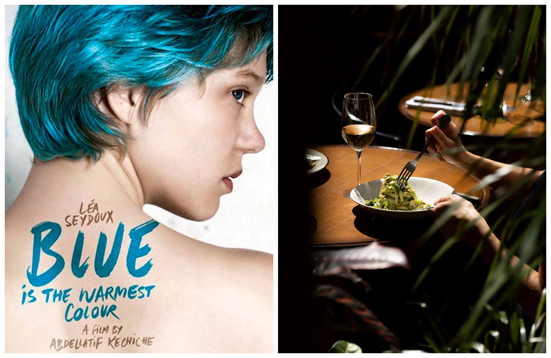 A Palme d'Or winner, Blue Is the Warmest Colour (2013) pairs well with the trendy vibes of Restaurant des Grands Boulevards in Paris, France. © Left: BFA / Alamy Stock Photo. Right: Salomé Rateau