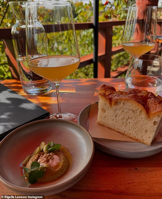 Nigella shared swoon-worthy pictures of her long lunch at Cullen Wines, describing it as 'heaven, heaven, HEAVEN.' Pictured: Her first course of baked bread paired with a 'divine' Pipián - a silky, smoky dip made from pumpkin seeds, tomatoes, peppers, and a hit of garlic, lime and coriander