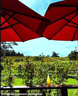 Under the shade of red umbrella's Nigella kicked off her afternoon with a glass of Cullen's Pét-nat, a natural sparkling wine