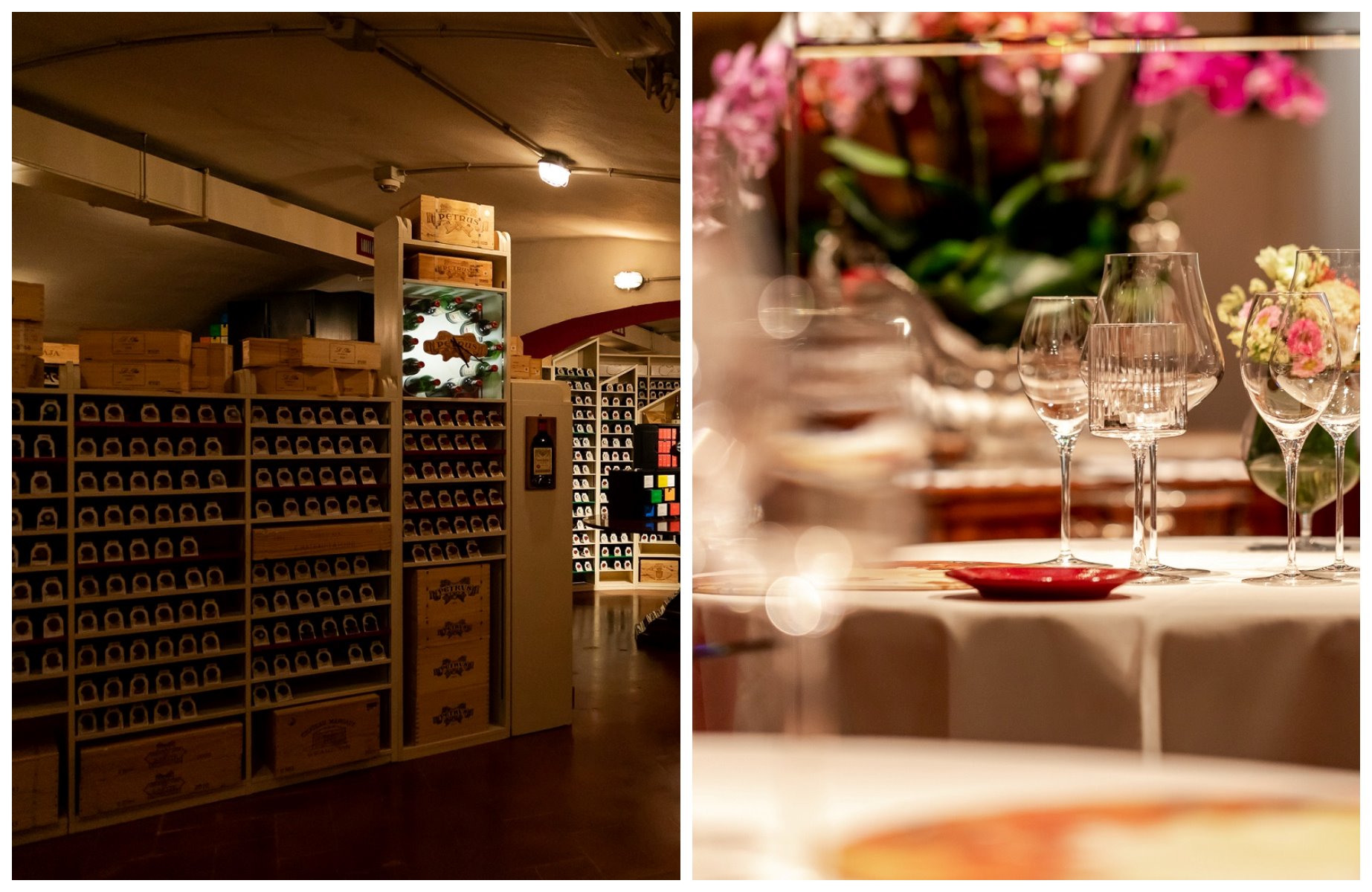 The wine cellar and flower-filled dining space at  Enoteca Pinchiorri restaurant in Florence. © Enoteca Pinchiorri 