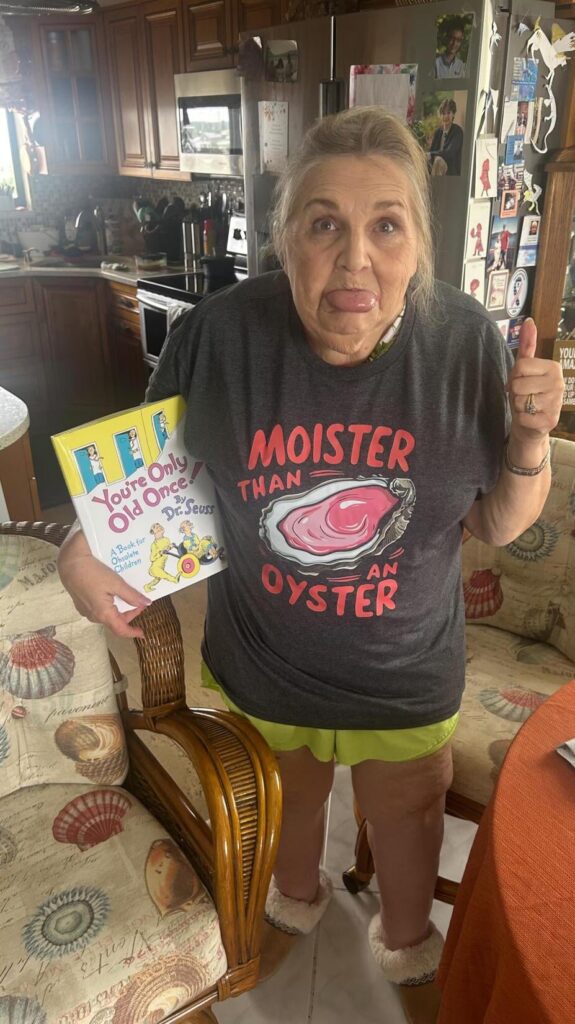 GRANDMA loves her new oyster shirt!