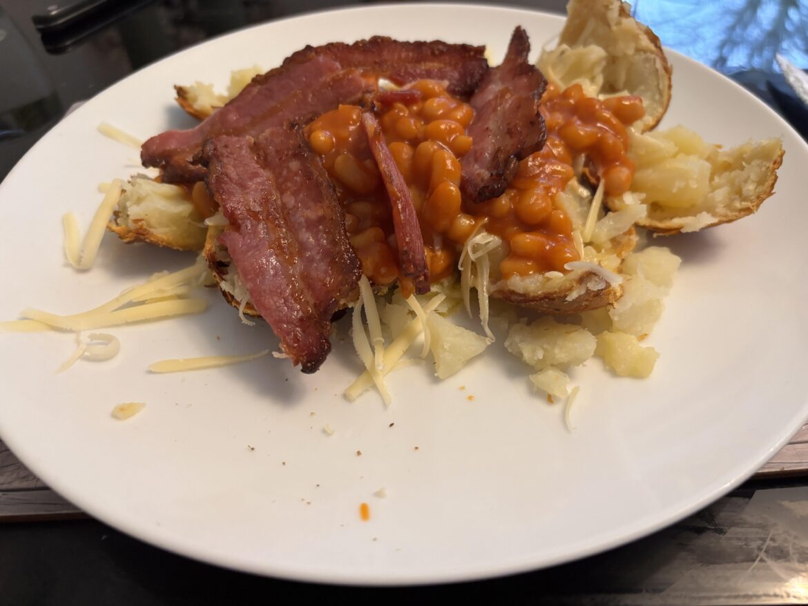 Bacon on beans on cheese on butter on jacket potatoes