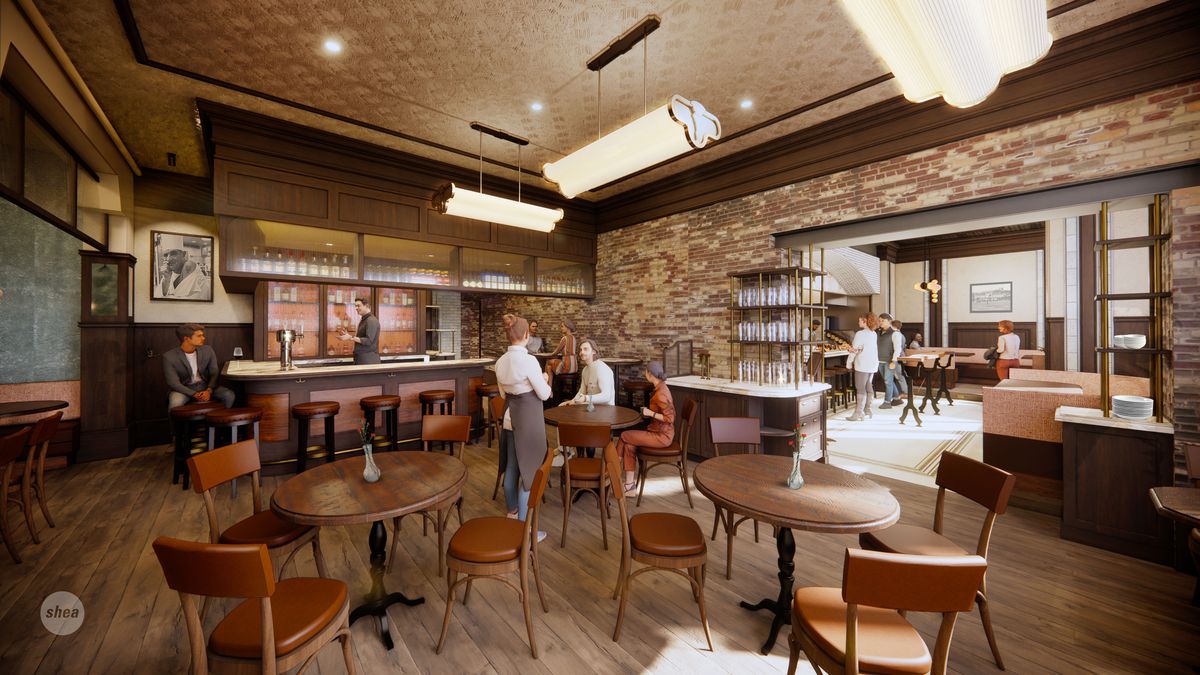 A rendering of a dining room with brick walls, seating and tables, and a bar.