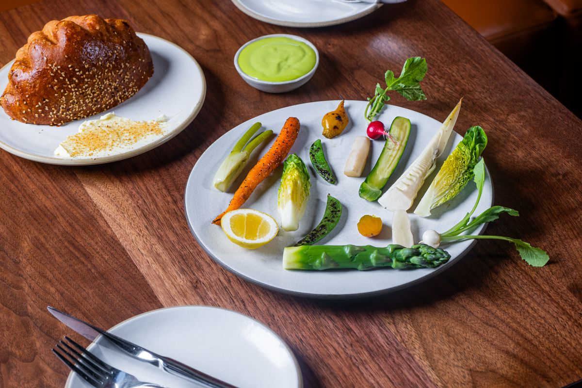 Vegetables arranged on a plate from Bistro Lagniappe in Healdsburg, California.
