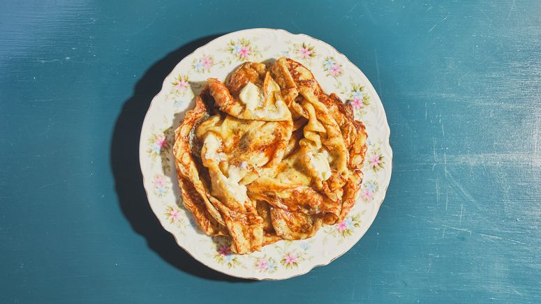 Crispy Crepes on dark blue table