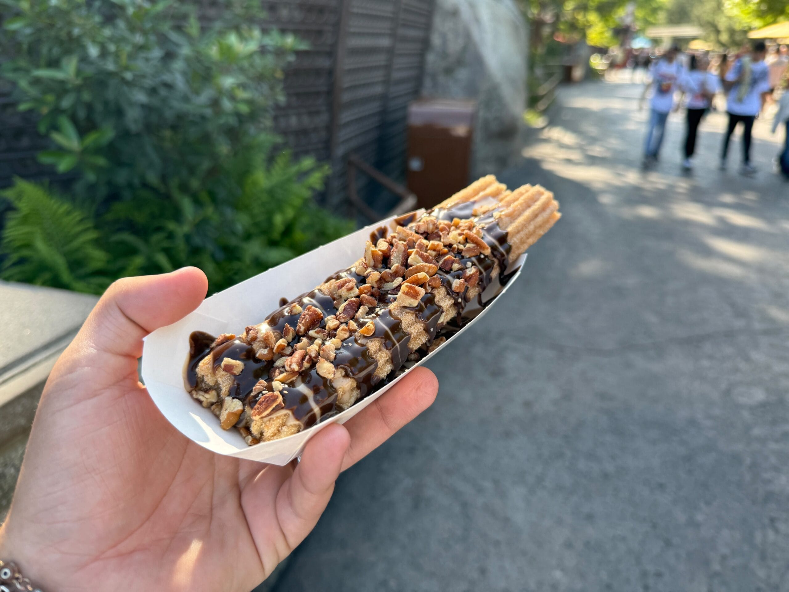 A hand holds churros topped with chocolate sauce and chopped nuts in a white tray outdoors.