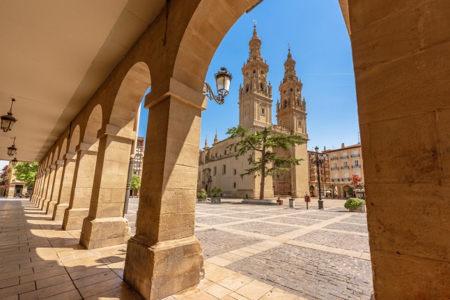 A view of Logroño Cathedral in La Rioja, Spain through an archway.