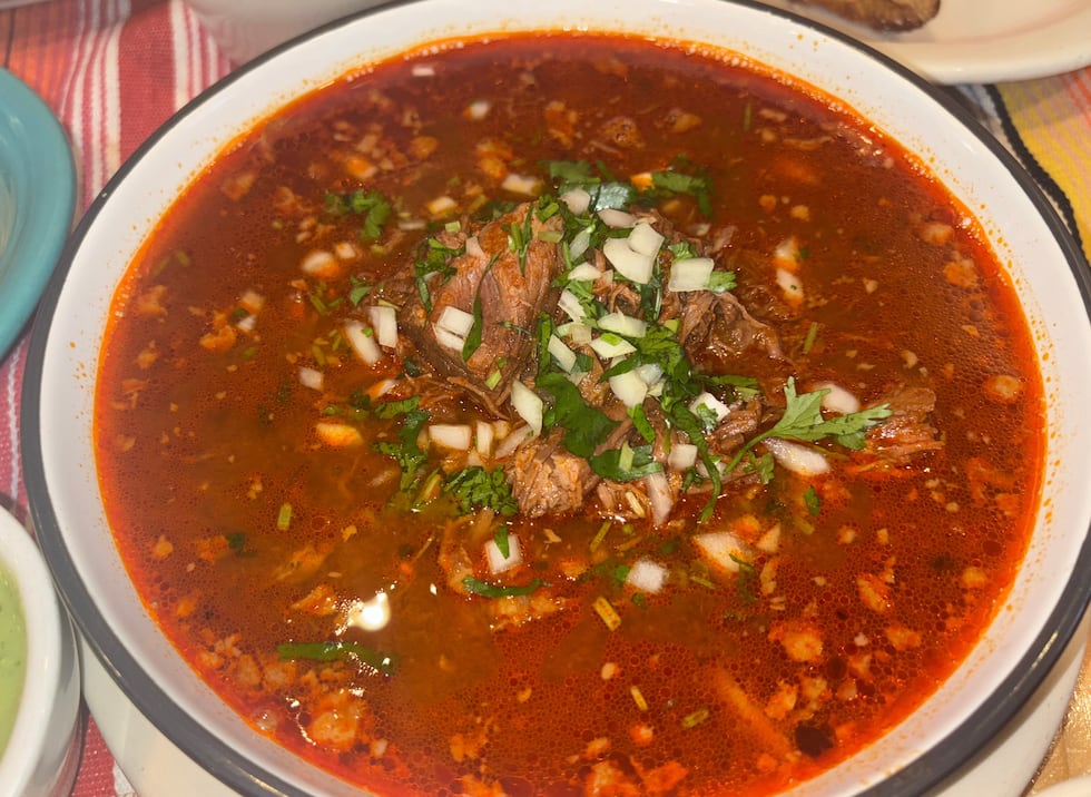 Birria beef soup garnished with onion and cilantro
