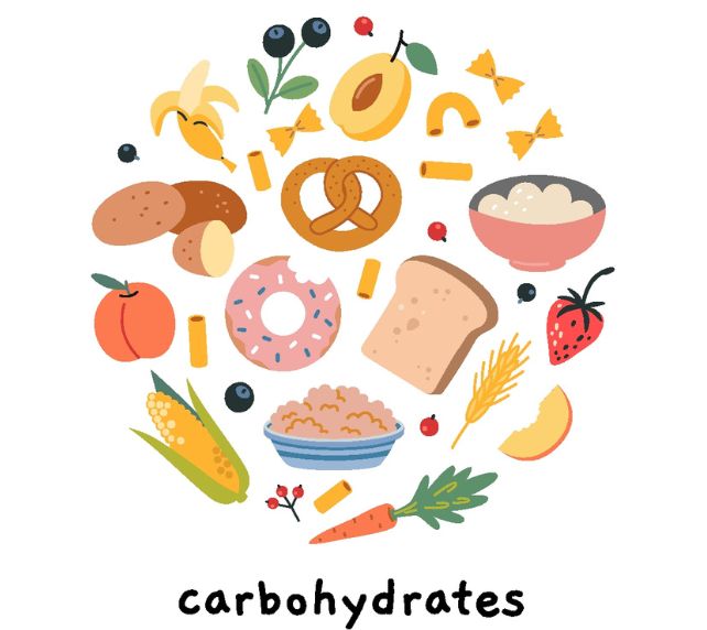 illustration of donut, pasta, rice, potatoes, banana and other carbohydrate rich foods