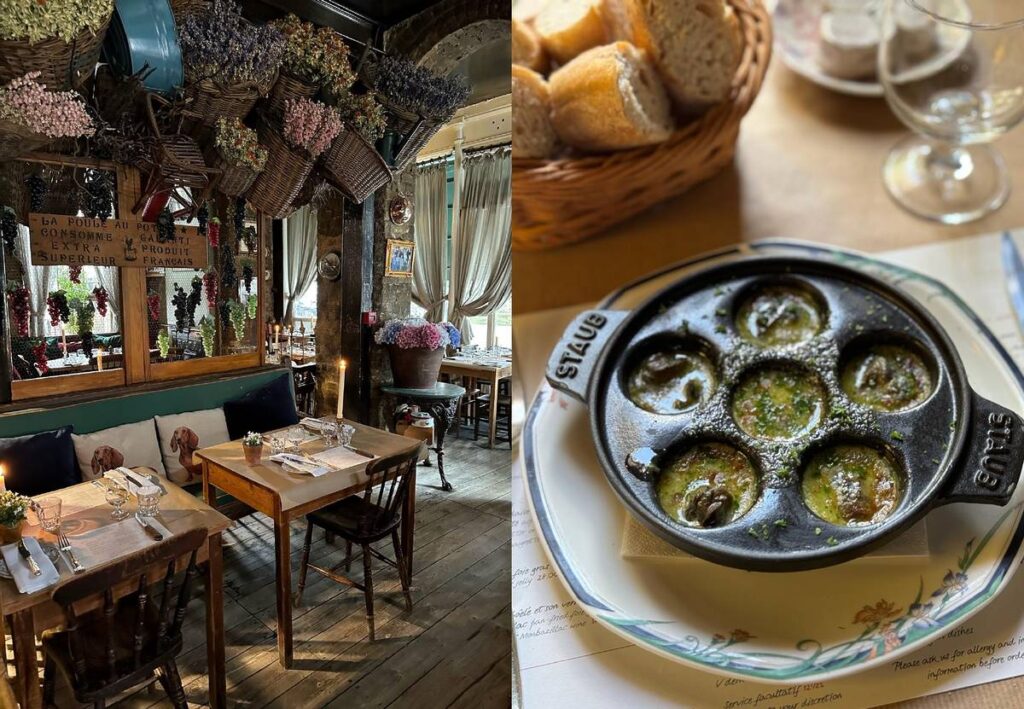 The interiors of Poule au Pot with baskets of flowers hanging above tables