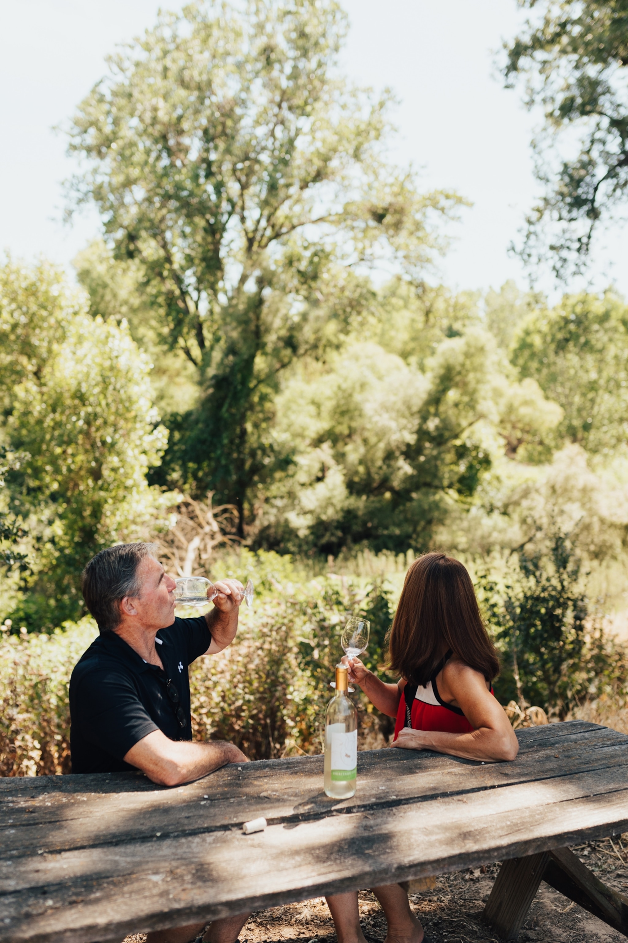 A couple sits at a table and drinks wine surrounded by nature