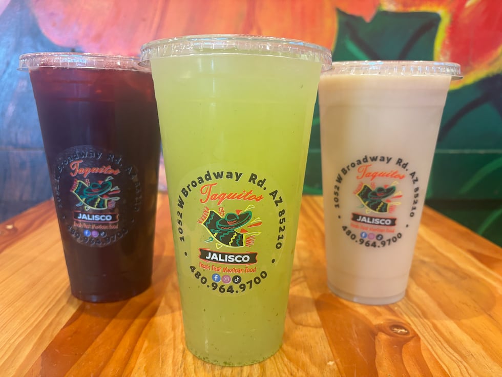 Hibiscus, cucumber-lemonade, and horchata agua frescas