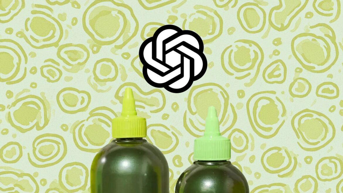 The tops of two olive oil bottles are shown against a patterned green and yellow swirled background. The Open AI logo sits above both bottles.