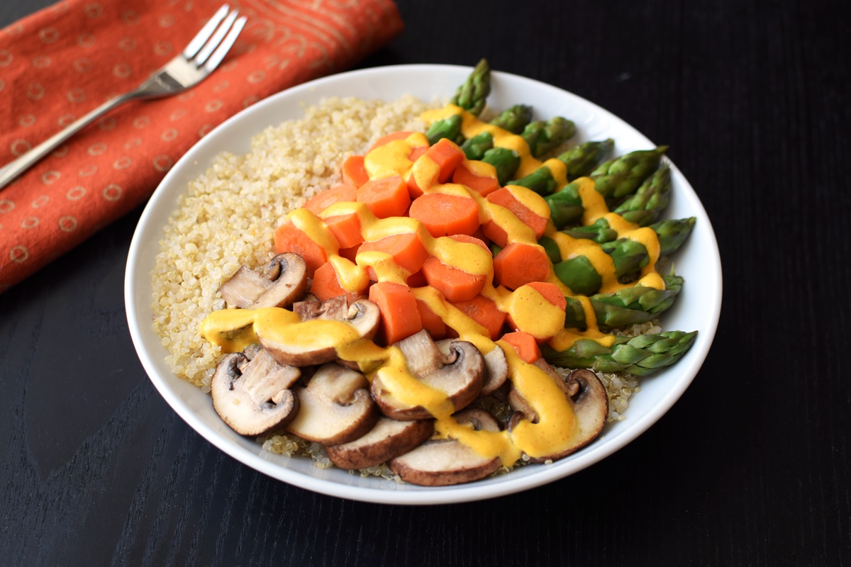 Spring Quinoa Bowl with Vegan Hollandaise Sauce Recipe - Healthy, no oil, dairy-free, gluten-free and delicious!