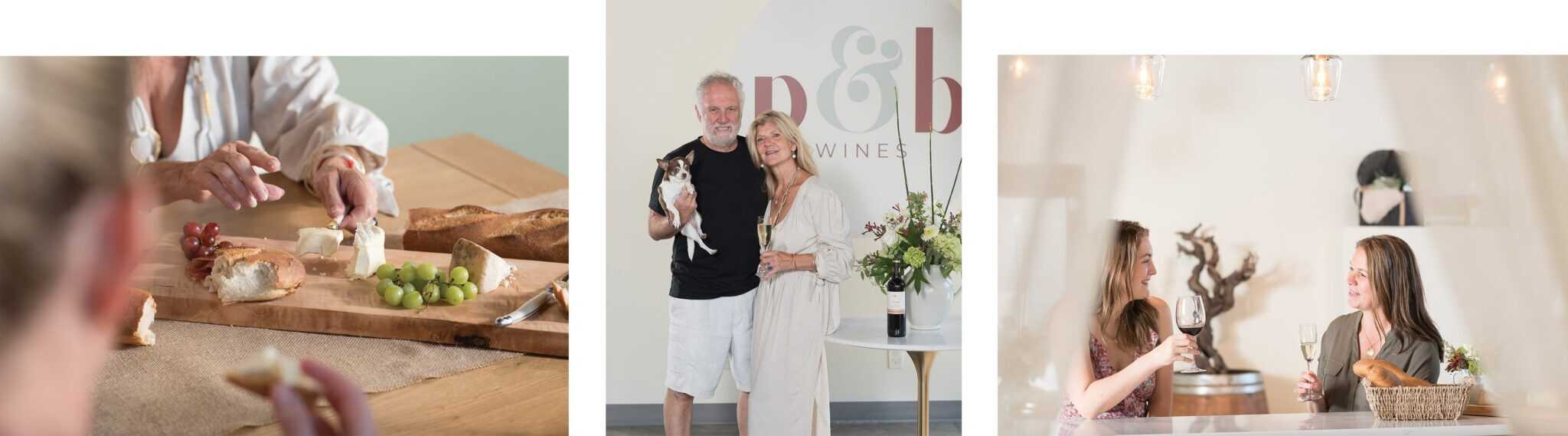 Left: Hands reaching for bread and cheese on a wooden board, perfect for a charcuterie spread. Center: Man and woman holding a dog, standing by a wine logo. Right: Two women seated at a table, savoring wines from Southern France.