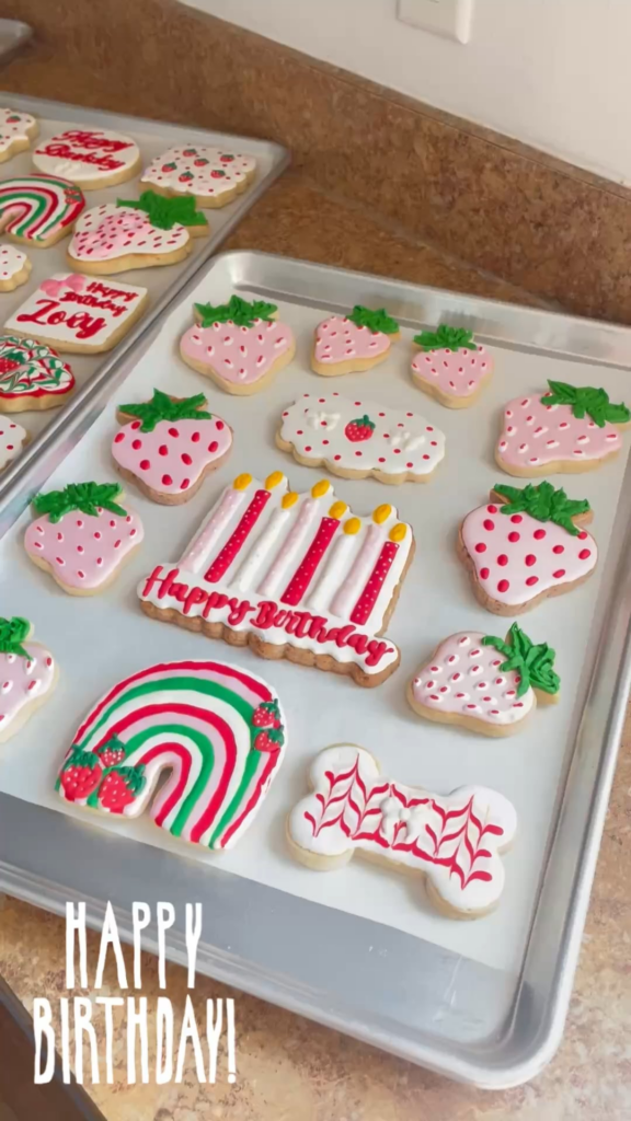 Strawberry-themed dogs birthday party (cookies are for the humans 😁)
