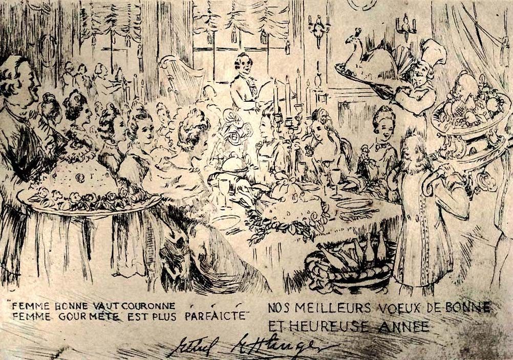 In this 1938 New Year's card sent out by the <em>Cercle des Gourmettes,</em> all-female diners are served by all-male waiters.