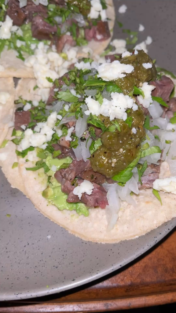 [homemade] Carne Asada tacos on homemade corn tortillas.